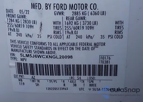 2022 Lincoln Aviator Standard z USA, uszkodzony, nr VIN 5LM5J6WCXNGL20098